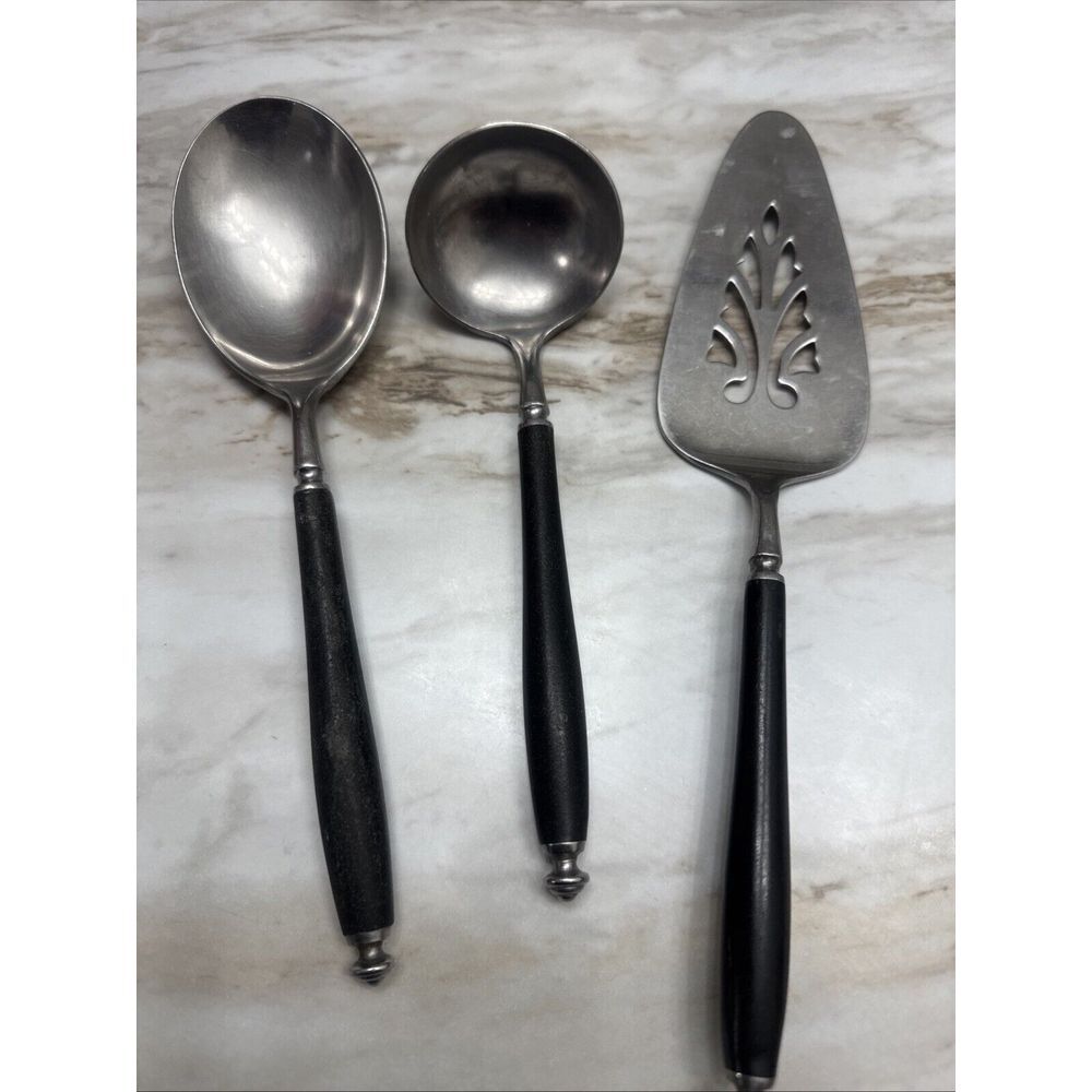 3 Vintage MCM Oxford Hall Stainless Japan Serving Flatware Black Handles‎
